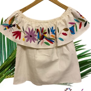 Authentic Otomi, off the shoulder frill top, hand embroidered shirt. Mexican blouse.Summer top. Flowers and birds shirt. Off-shoulder shirt.