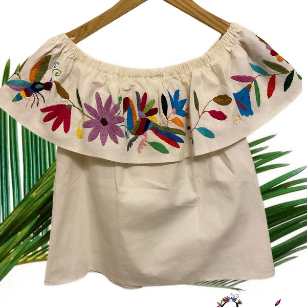 Authentic Otomi, off the shoulder frill top, hand embroidered shirt. Mexican blouse.Summer top. Flowers and birds shirt. Off-shoulder shirt.