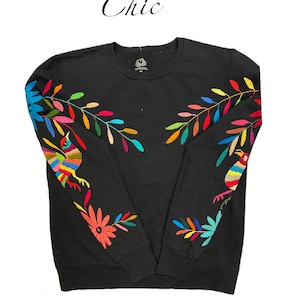 Authentic, hand embroidered sweatshirt by Otomi artisans. Otomi bird sweatshirt. Otomi chic sweatshirt.