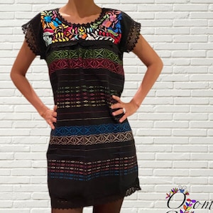 Hand embroidered Oaxacan mini dress. Mexican loom dress. Floral embroidery dress. Artisanal vacation outfit.