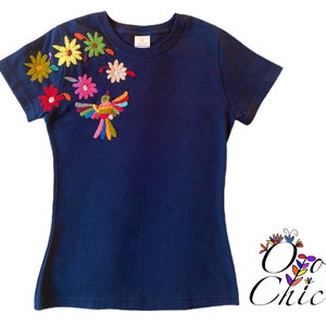 Authentic, Otomi, Mexican hand-embroidered T-shirt. Bird and flowers embroidery. Tenango t-shirt. Otomi shirt. Mexican t-shirt.