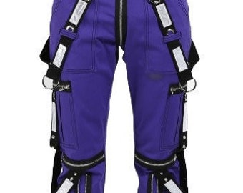 Men Gothic Bondage Reflective Men Pant Alternative Punk Rock Emo Pant Electric Pants Purple/USA
