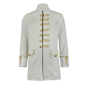 Men's  White Velvet Victorian Long Sleeves  Frock Coat Brocade White/Gold, Free Shipping USA