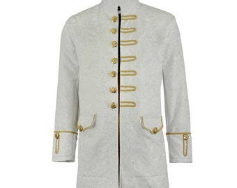 Men's  White Velvet Victorian Long Sleeves  Frock Coat Brocade White/Gold, Free Shipping USA