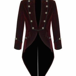 Men's Red Velvet  Long Sleeve VLADIMIR TUXEDO Jacket Tailcoat Goth Steampunk Victorian, Free/Red/Maroon Tail Coat  Shipping USA