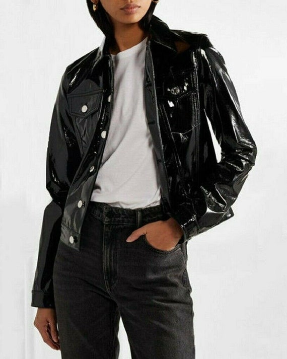 Handmade Fashion Vinyl Trucker Jacket Black PVC Women s Shiny PVC