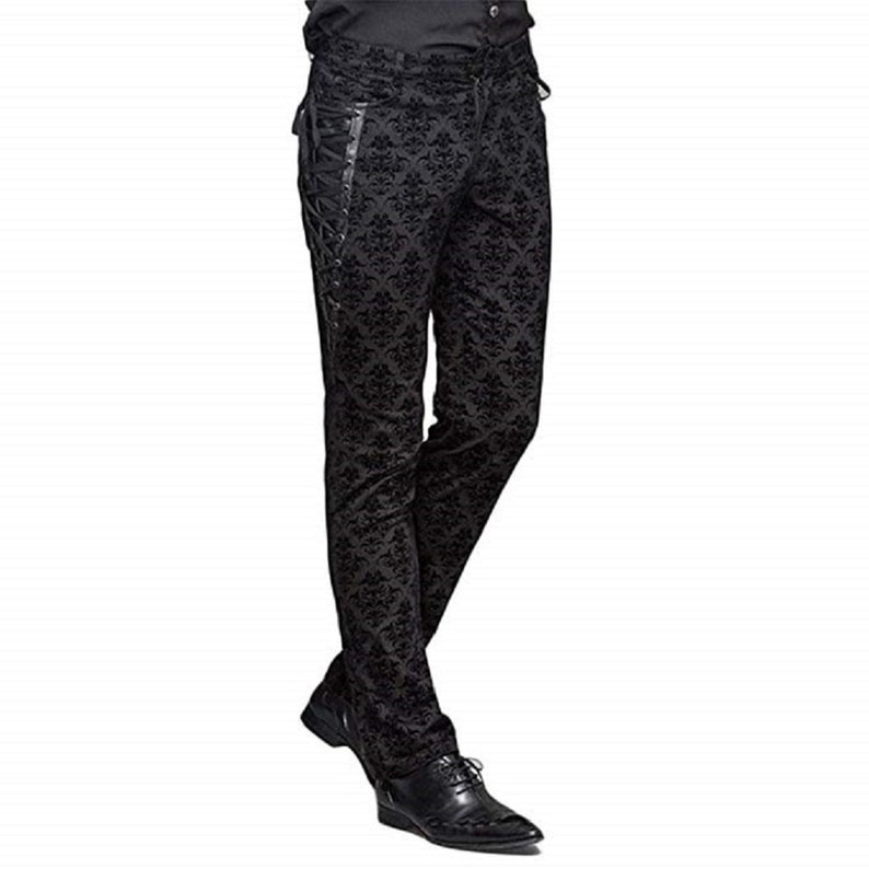 Men’s Vintage Pants, Trousers, Jeans, Overalls Prime Quality Handmade Tripp Men Black Brocade Dress Pants Victorian Printed Bandage Bridal Pants $79.85 AT vintagedancer.com