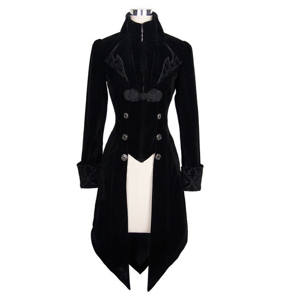 New Women Jacket Long Coat Black Velvet Gothic Steampunk Coat/Party Jacket, Gothic Coat