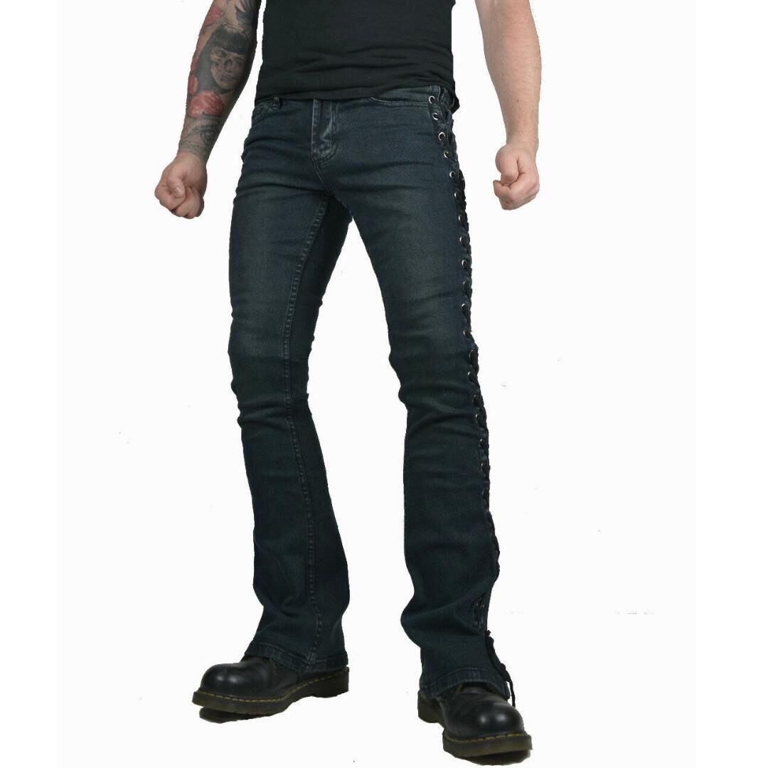 DARKROCK Lace up Rocker Fit Riff Boot Cut Gothic Punk Stage Jeans Pants