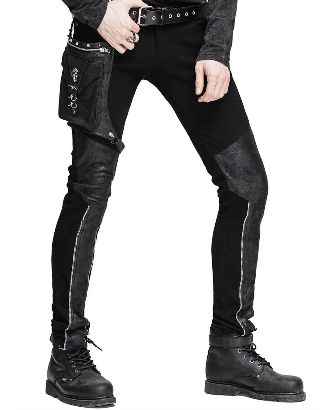 Devil Fashion Men Diesel Punk Pants Jeans Black Gothic Punk Faux