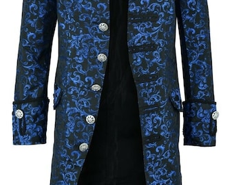Men's Blue Brocade Cosplay Party Long Coat, Free Shipping USA