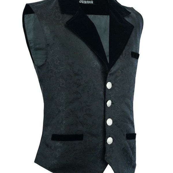 MEN'S BLACK BROCADE TAILORED VICTORIAN SINGLE BREASTED WAIST COAT VEST USA