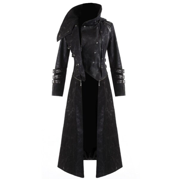 Trench-coat à capuche pour homme en wax, veste longue noir gothique steampunk, manteau à capuche long/court/États-Unis