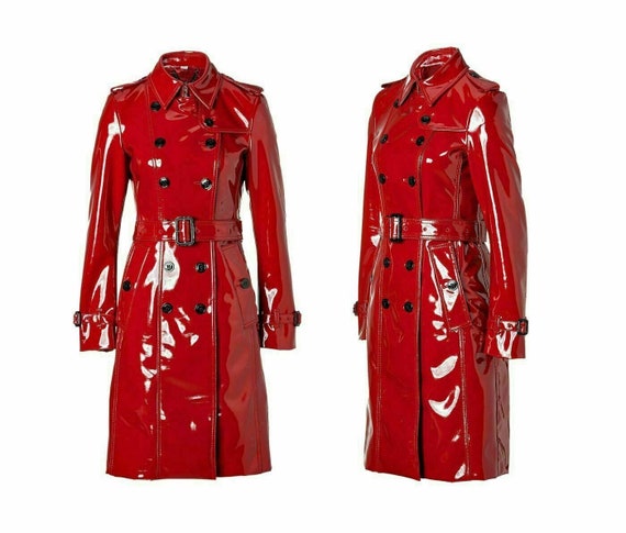 PVC Red Vinyl Women's Long Trench Coat 