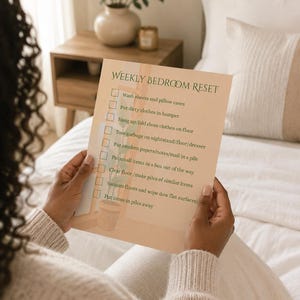 Op de afbeelding: Een rechthoekige papieren checklist met de titel Weekly Bedroom Reset in donkergroene tekst op een licht perzikkleurige achtergrond. De lijst bevat taken zoals lakens wassen, was in de mand doen en stofzuigen, met lege vakjes ernaast.