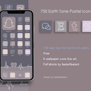 May include: A mockup of an iPhone screen with a custom app icon design. The icons are in a pastel color palette with a minimalist aesthetic. The icons are arranged in a grid pattern and include popular apps like Instagram, Twitter, and Spotify. The text "750 Earth Tone Pastel icon app ios14" is displayed at the top of the image.