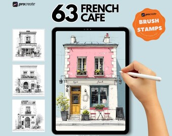 May include: Digital art set featuring a pink and white French cafe illustration on a tablet, with the text "63 FRENCH CAFE" and "BRUSH STAMPS". The image includes a hand holding a stylus, and three black and white sketches of buildings.