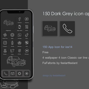 May include: Dark grey iPhone screen displaying app icons with a white outline. The image includes the text "150 Dark Grey icon app ios14" and "150 App Icon for ios14". The design features a classic car illustration.