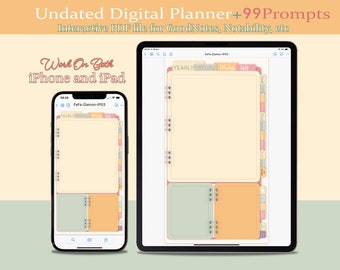 May include: A digital planner app interface on an iPad and iPhone. The app is open to a page with a yearly, monthly, and daily planner layout. The app is designed to be used with note-taking apps like GoodNotes and Notability.