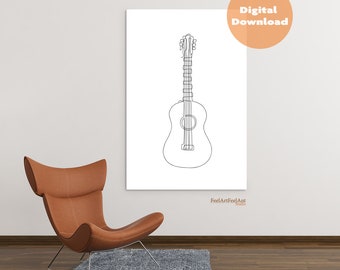 May include: A black and white line drawing of an acoustic guitar. The drawing is on a white background. The text "FeelArtFeelAnt" is at the bottom of the drawing.