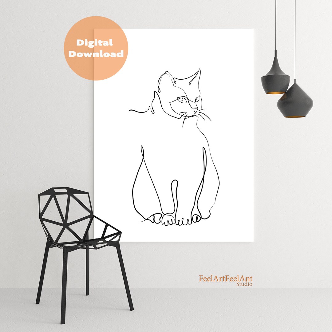Basic Cat Print Printable Wall Art, Minimal Cat Print, Continuous Line Minimalist, One ...