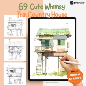 69 carimbos fofos e extravagantes de casas de campo tailandesas para Procreate, pincéis para Procreate no iPad, pincéis para Procreate, pincel de construção