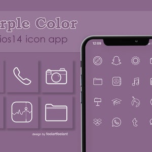 May include: A purple background with a white outline of a smartphone displaying a grid of white icons on a purple background. The icons include a compass, a ghost, a sun, a camera, a folder, a profile, a music note, a calendar, a table lamp, a graduation cap, a hand with a finger pointing, a circle with a line through it, a box with an arrow pointing up, a phone, a letter 't', and a speech bubble. The text "Purple Color 150 ios 14 icon app" is at the top of the image.