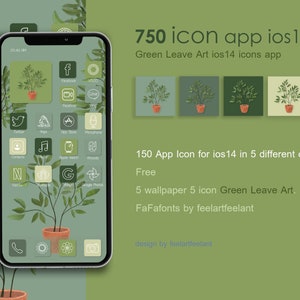 May include: A mockup of an iPhone screen with a green and white plant icon theme. The icons are arranged in a grid pattern and include apps like Twitter, Yoga, Contacts, Music, Netflix, and more. The text "750 icon app ios14" is displayed at the top of the image.