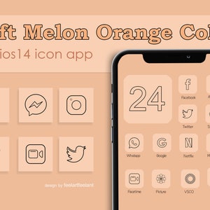 May include: A mockup of an iPhone screen with a soft melon orange background and a grid of app icons. The icons are in black and white and include apps like Facebook, Twitter, Instagram, and Netflix. The text "24" is displayed in the top left corner of the screen.