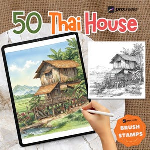Könnte beinhalten: Digitale Illustration eines thailändischen Hauses auf einem Tablet, mit dem Text "50 Thai House". Das Bild zeigt eine farbenfrohe Aquarellmalerei eines traditionellen Holzhauses auf Stelzen und eine Schwarz-Weiß-Strichzeichnung desselben Hauses.