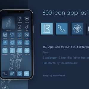 May include: A blue iPhone screen with a grid of app icons, including FaceTime, Twitter, Netflix, Target, and Apple Watch. The icons are outlined in white and have a blue background. The text "600 icon app ios14" is displayed at the top of the screen.