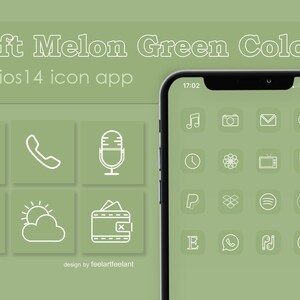 May include: A mockup of a smartphone screen with a green background and white icons. The icons are for popular apps such as Instagram, Spotify, and Netflix. The text "Soft Melon Green Color" and "150 ios 14 icon app" is at the top of the image.