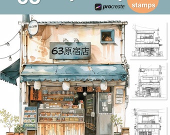 Harajuku Shop, 63 Procreate Stamps, brushes for Procreate on iPad, Procreate Brushes, building brush