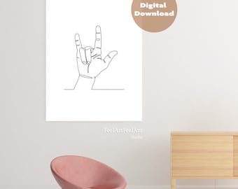 Printable Wall Art I Love You Hands, Continuous Minimalist, Finger Poster One Line Print, Minimal Fine Decor, Hand Gesture Artwork