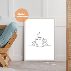 印刷可能なウォールアート、ミニマルなコーヒープリント、連続線ミニマリスト、ワンラインプリント、印刷可能なコーヒー、コーヒー愛好家、ミニマルなキッチンデコレーション