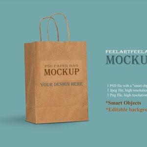 Maquete - Maquete de saco de papel, Saco de papel artesanal para presente, Maquete de sacos de papel Kraft | Fundo e cor editáveis | Objeto Inteligente