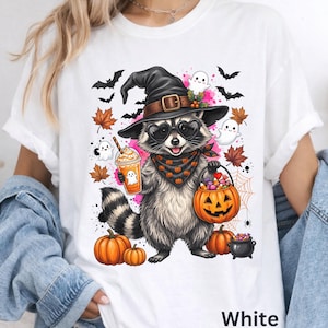 Spooky Raccoon Halloween Shirt, Cute Witch Hat Graphic Tee, Pumpkin Spice Latte T-Shirt, Fall Season Coffee Lover Gift, Unisex Cotton Top