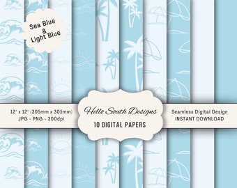 May include: Ten digital papers with a beach theme. The papers feature a variety of patterns, including waves, palm trees, and umbrellas. The papers are in shades of blue and white. The text "Sea Blue & Light Blue" and "Hello South Designs" is included in the image.
