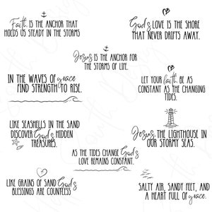 May include: Black and white typography on a white background with inspirational quotes about faith, love, and grace. The quotes use nautical imagery like anchors, waves, and lighthouses.