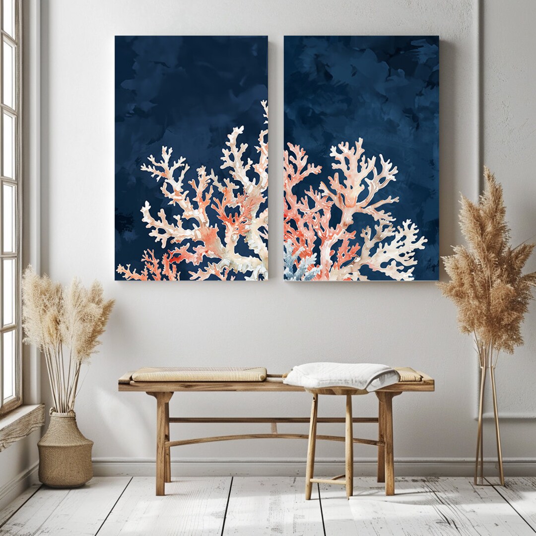 Pair of Watercolor Coral Prints on Navy Blue Background | Ocean ...
