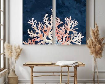 Pair of Watercolor Coral Prints on Navy Blue Background | Ocean Inspiration, Coastal Watercolor Prints | Digital Download