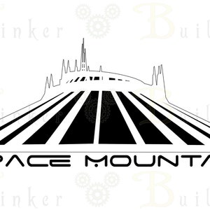 May include: Black and white silhouette of Space Mountain, a roller coaster ride at a theme park, with the words "SPACE MOUNTAIN" printed below.