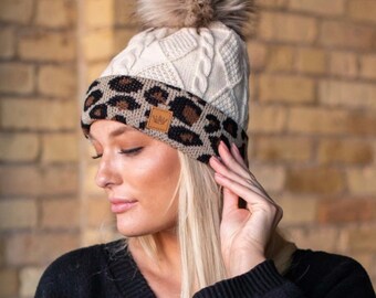 Camo Leopard Beanie With Large Pom Pom 