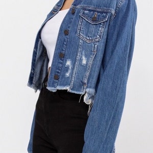Denim Jacket Mid Length Dark wash Frayed Edges