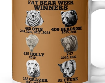 All Fat Bear Week Winners Mug, Fat Bear Week, Fat Bear Week Mug, Bear Mug, Katmai Alaska Bears, 480 Otis, Chunk 32, 128 Grazer, Bear 747,