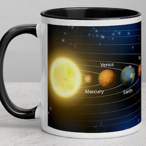 May include: A white coffee mug with a black rim and handle. The mug features a graphic of the solar system with the sun, Mercury, Venus, Earth, and Mars. The planets are labelled with their names.