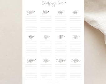 May include: A white paper birthday calendar with the German title "Geburtstagskalender" in cursive script. The calendar has 12 months listed, each with lines for writing. The months are in German, with a small heart symbol next to each month.