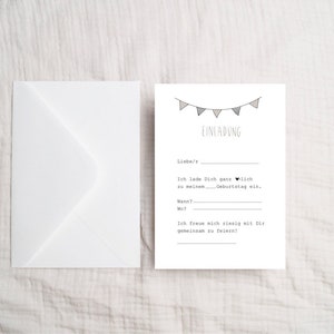 May include: A white card with black text and a simple illustration of a string of flags. The text reads "EINLADUNG" and includes the phrase "Ich lade Dich ganz herzlich zu meinem Geburtstag ein."