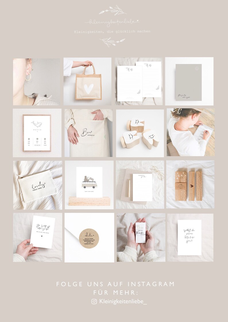 May include: A collage of images showcasing various small items, including tote bags, cards, wooden blocks, and a notebook. The items feature illustrations of a whale, a van, a heart, and a bird. The text "kleinigkeitenliebe" is visible in the top left corner of the image.