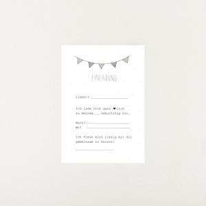 May include: A simple, white invitation card with a gray banner design and the text "EINLADUNG" at the top. The card has blank lines for the recipient's name, the date, and the location of the event. The text reads: "Liebe/r, Ich lade Dich ganz herzlich zu meinem Geburtstag ein. Wann? Wo? Ich freue mich riesig mit Dir gemeinsam zu feiern!"